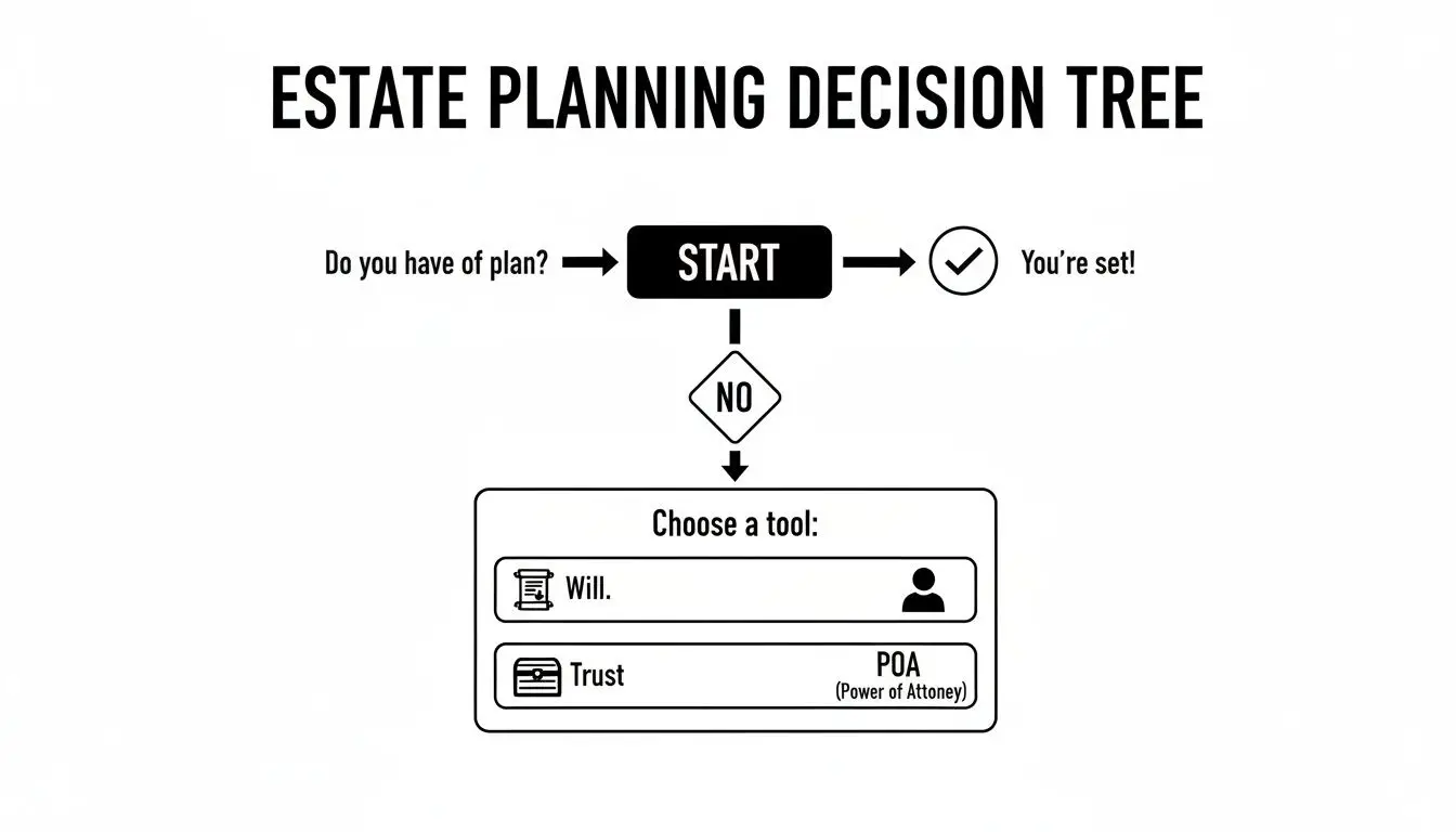 NW Elder Law: A Simple Guide to Protecting Your Arkansas Family 2 An estate planning decision tree flowchart guides users to choose between a will or trust if they lack a plan.