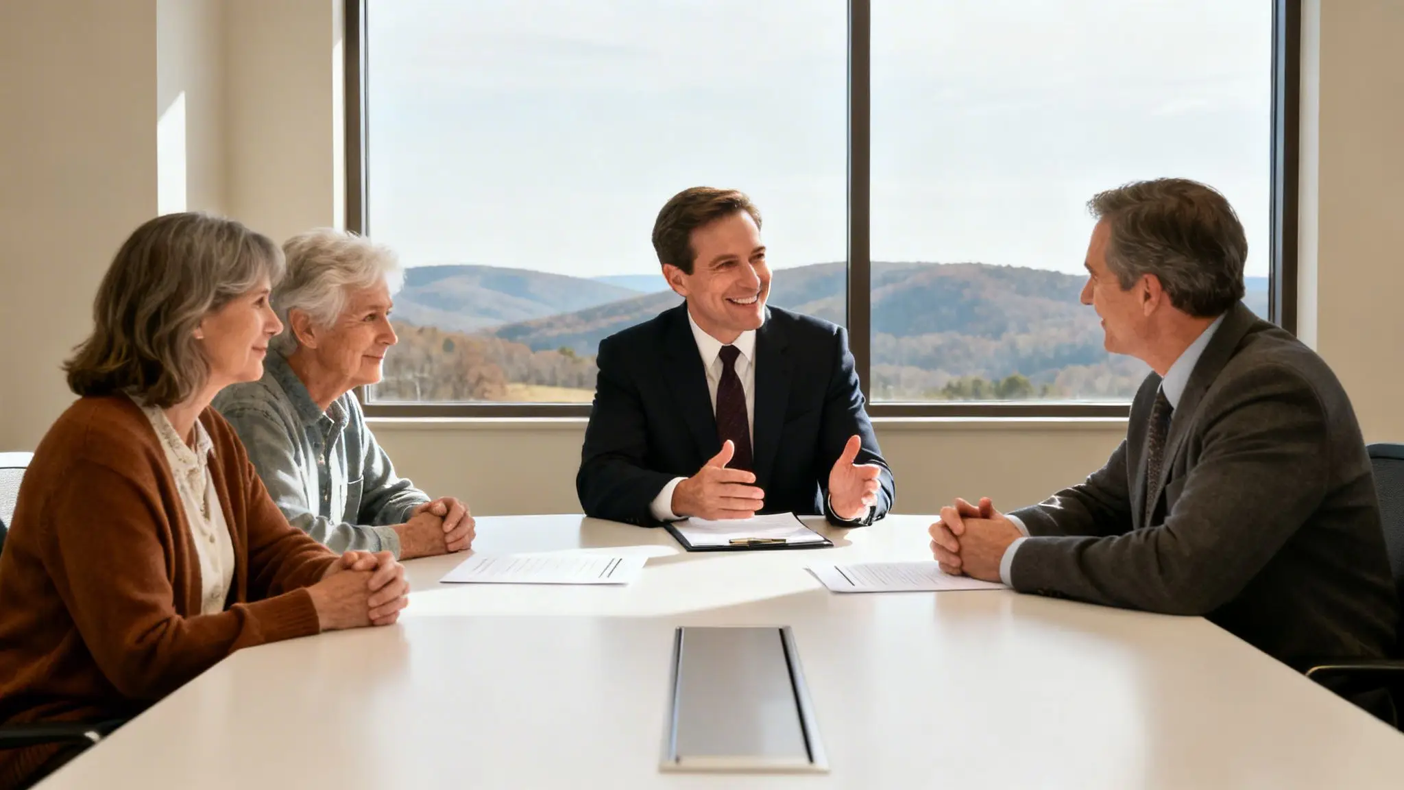 NW Elder Law: A Simple Guide to Protecting Your Arkansas Family 3 Four people, including two older women and two men, are having a meeting in an office with a mountain view.