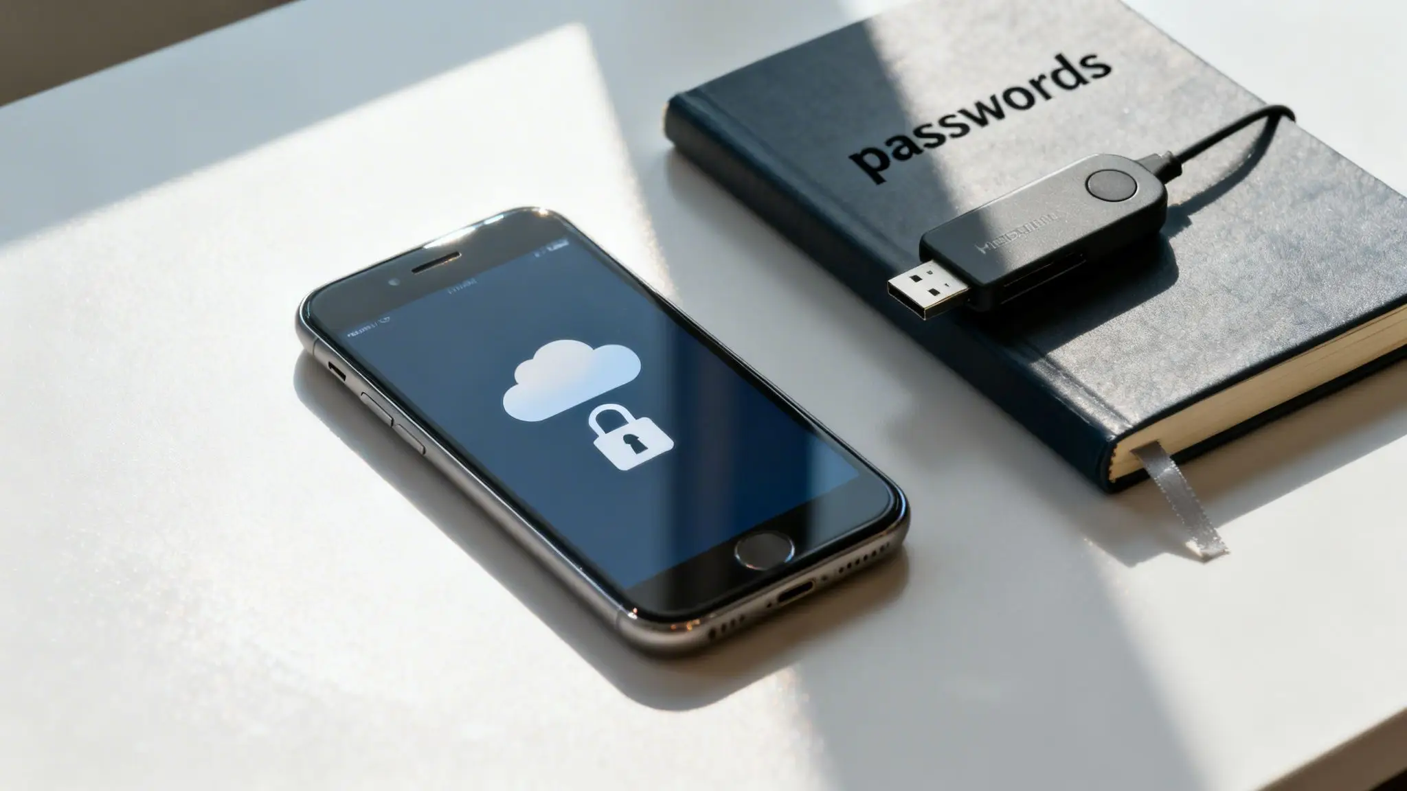 Top 10 Questions to Ask a Probate Lawyer in Arkansas 3 A smartphone displaying cloud security, a 'passwords' notebook, and a hardware security key on a table.