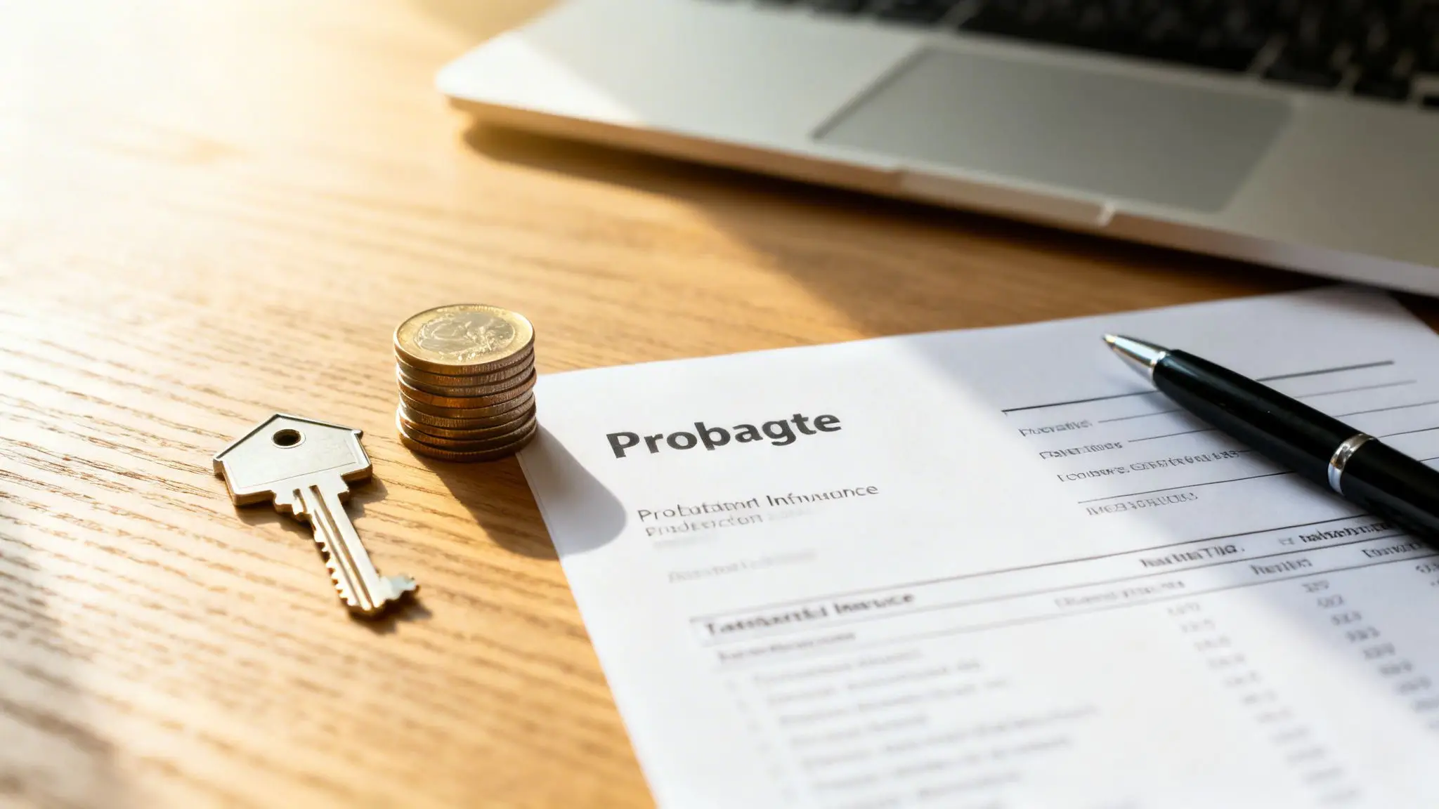 Top 10 Questions to Ask a Probate Lawyer in Arkansas 1 A house key, stacked coins, and a 'Probate' document with a pen on a wooden desk, representing estate planning.