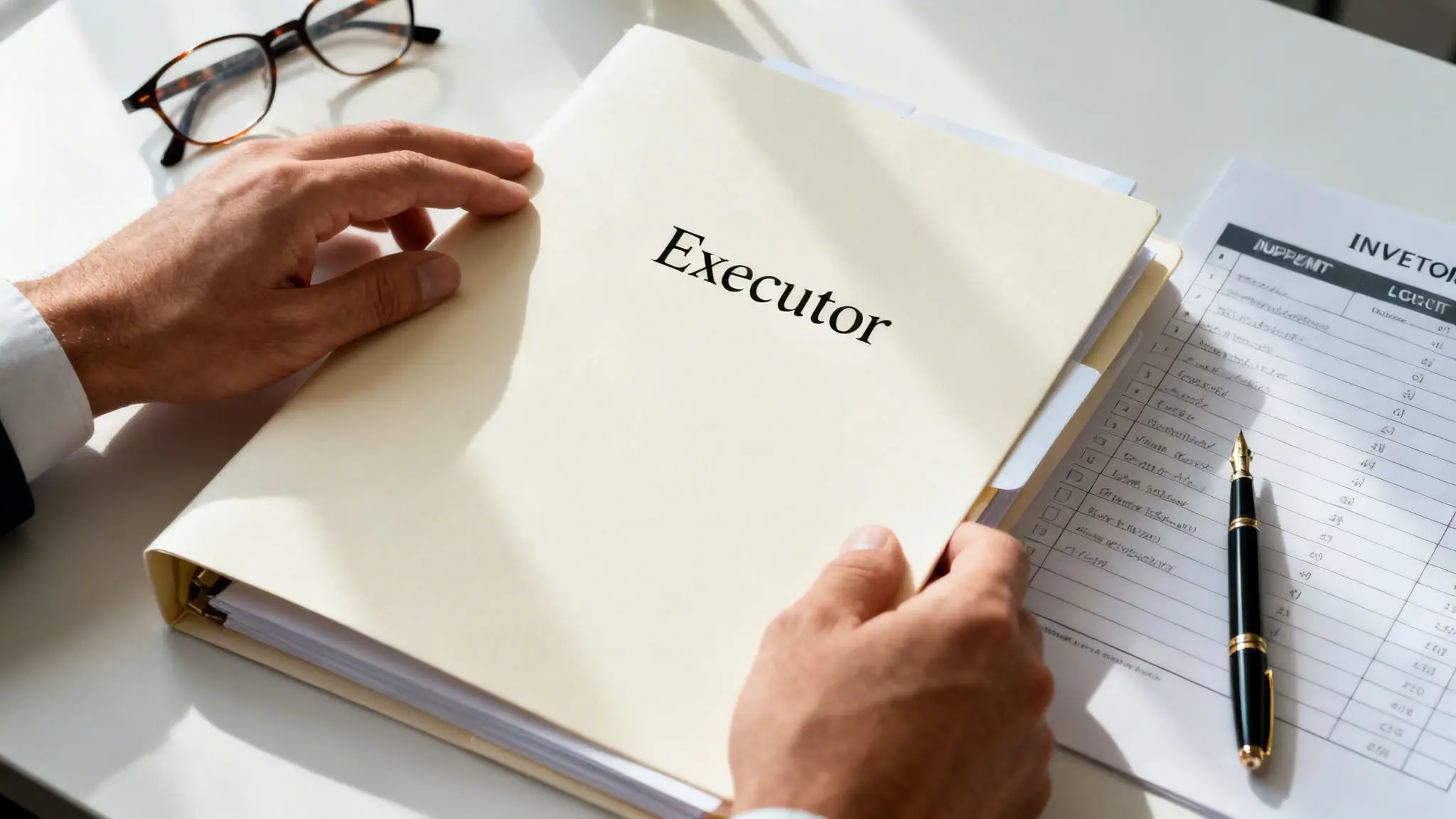 Top 10 Questions to Ask a Probate Lawyer in Arkansas 2 A person reviews a folder labeled "Executor" with legal documents and glasses on a desk.