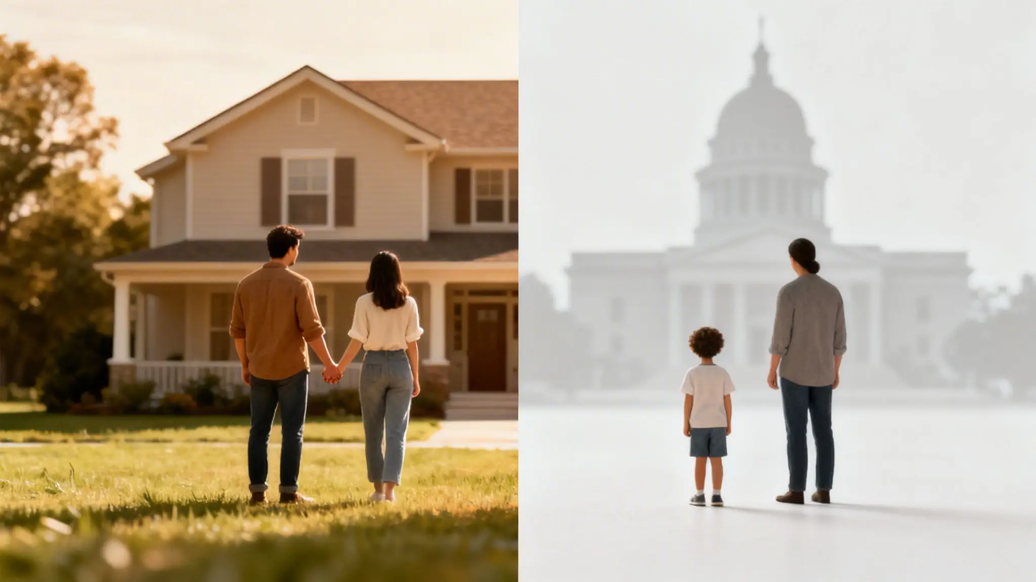 Uncontested vs Contested Divorce in Arkansas Explained 3 A split image: happy couple at home; a mother and child face a courthouse, symbolizing divorce.
