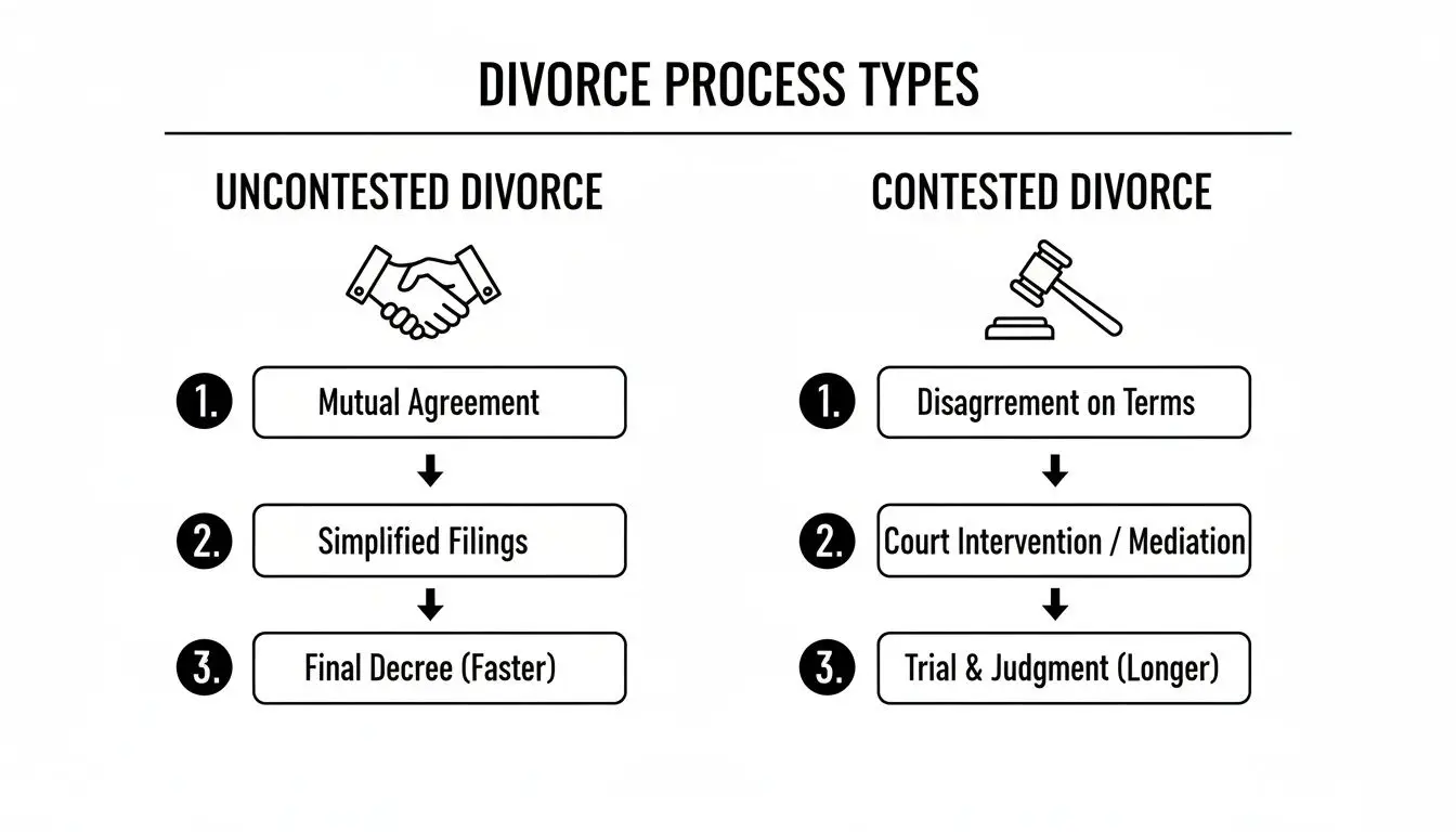 Uncontested vs Contested Divorce in Arkansas Explained 1 Flowchart detailing uncontested and contested divorce types, highlighting steps from agreement to decree.