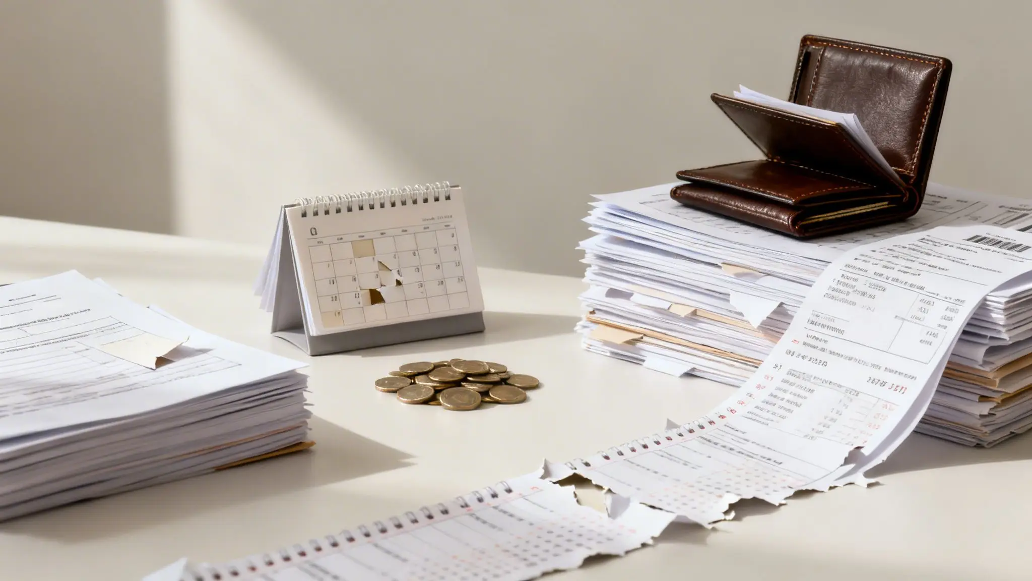 Uncontested vs Contested Divorce in Arkansas Explained 2 Desk with stacks of bills, receipts, a wallet, coins, and calendars, depicting financial management.