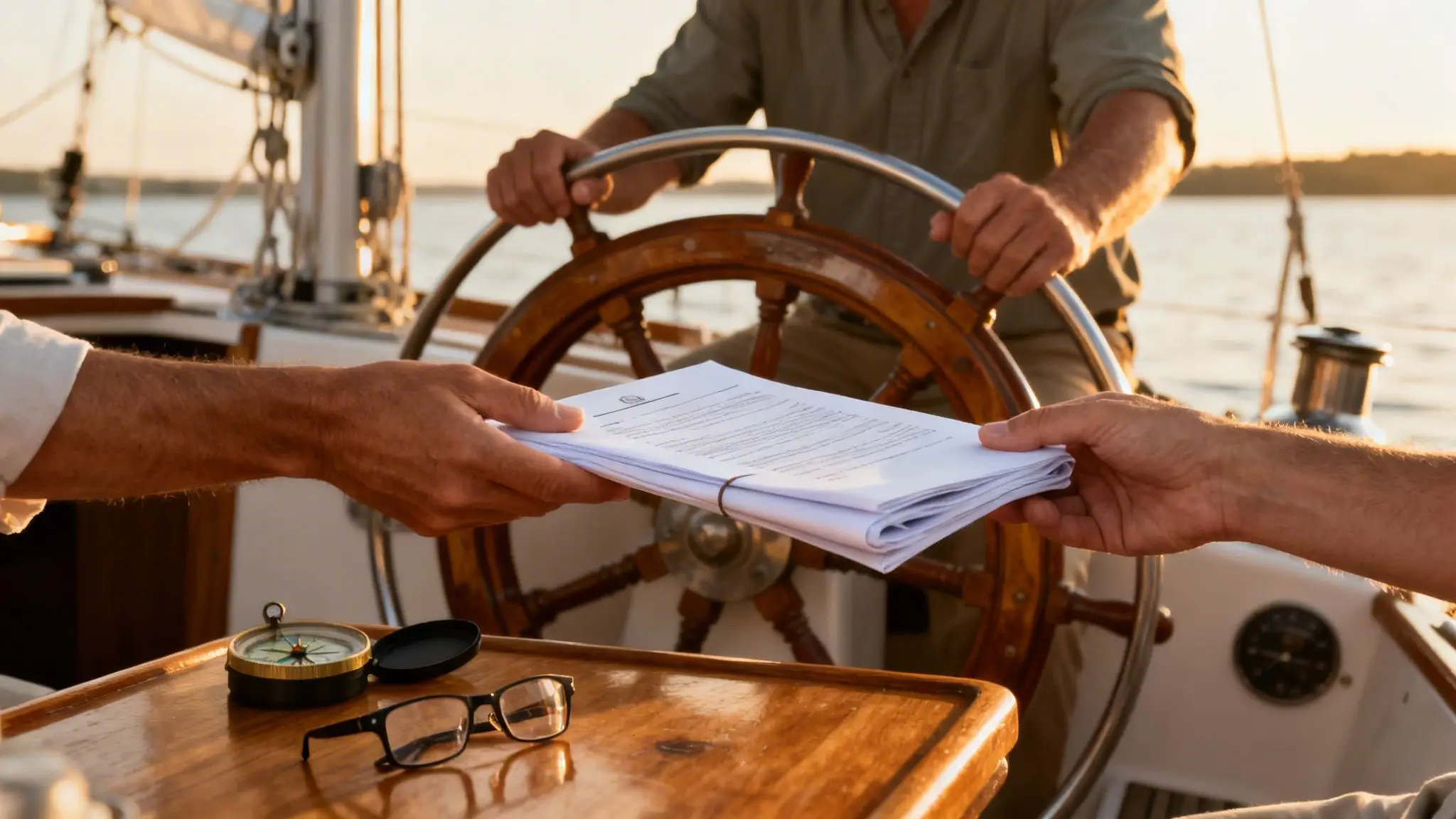 What Is a Financial Power of Attorney in Arkansas? 1 Close-up of two men on a sailboat exchanging legal documents at sunset, with a compass and glasses on the table.