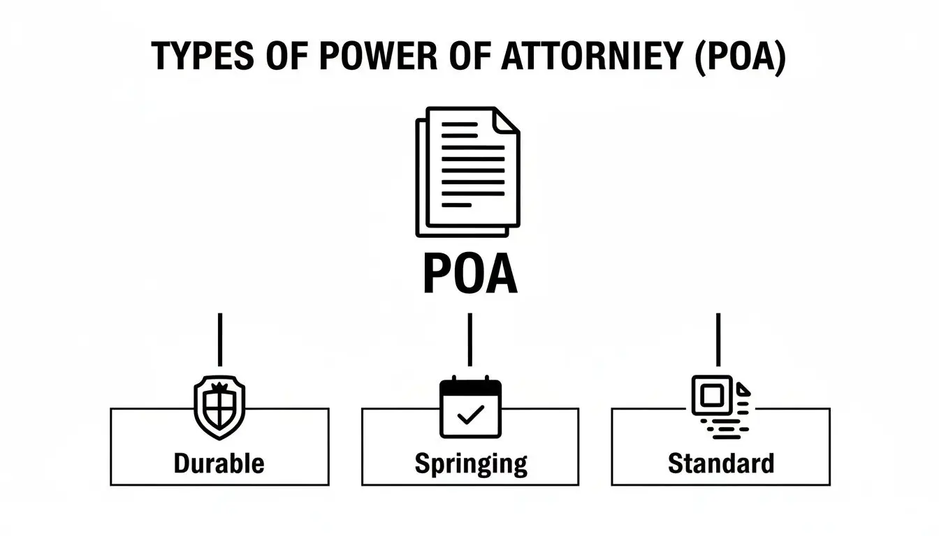 What Is a Financial Power of Attorney in Arkansas? 3 A diagram illustrates three types of Power of Attorney: Durable, Springing, and Standard POA.
