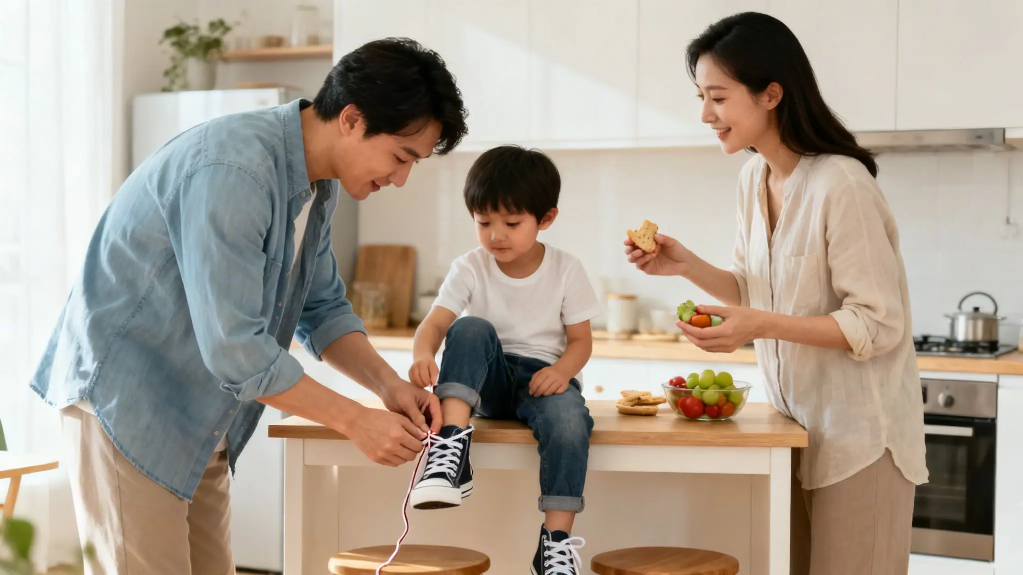 What Is Joint Physical Custody in Arkansas? A Simple Guide 3 Asian father tying son's shoelaces in kitchen, mother prepares snacks nearby.