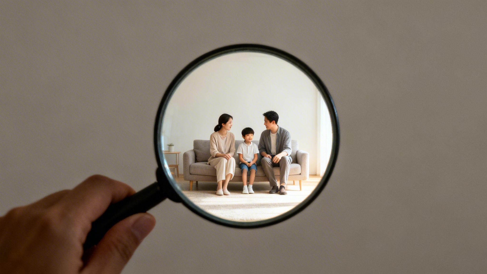 What Is Joint Physical Custody in Arkansas? A Simple Guide 4 A hand holding a magnifying glass focused on a happy family sitting on a sofa.