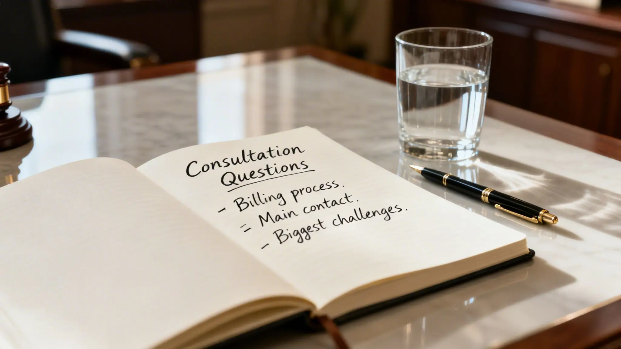 Finding a Divorce Attorney Near Me in Northwest Arkansas 3 Notebook with 'Consultation Questions' about billing and challenges, next to a pen, water glass, and gavel.