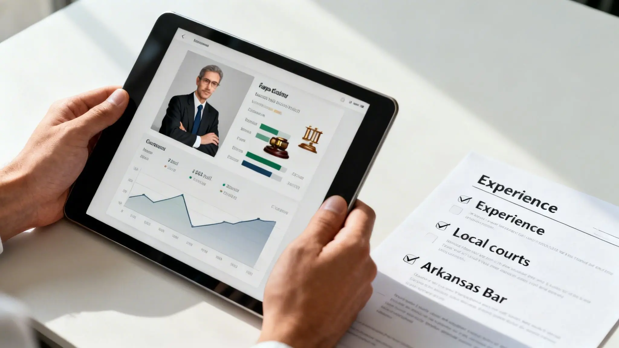 Finding a Divorce Attorney Near Me in Northwest Arkansas 2 Close-up of hands holding a tablet showing a legal profile with graphs, beside a document listing legal experience.
