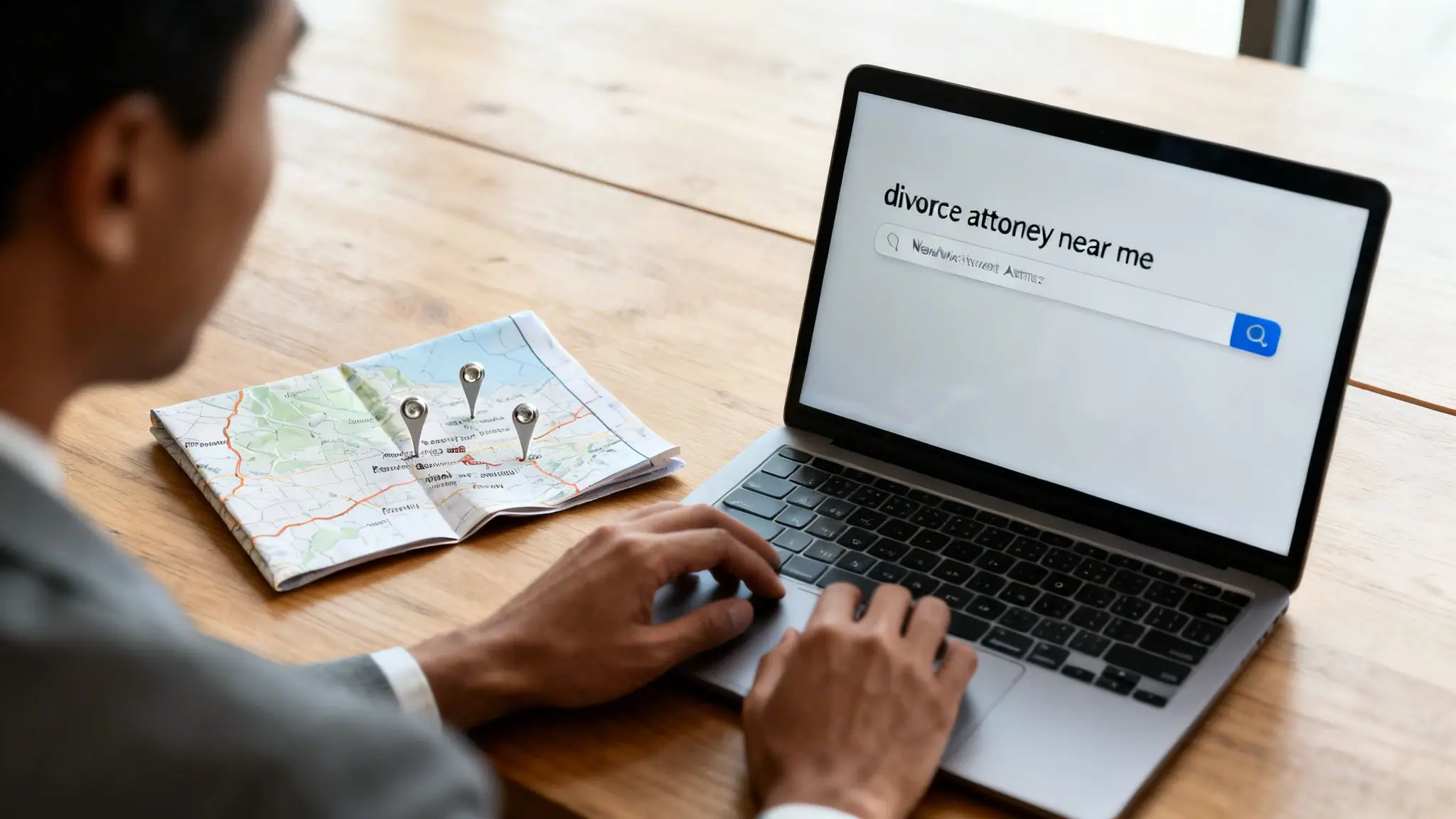 Finding a Divorce Attorney Near Me in Northwest Arkansas 1 Person searching for a divorce attorney on a laptop while looking at a map with location pins.