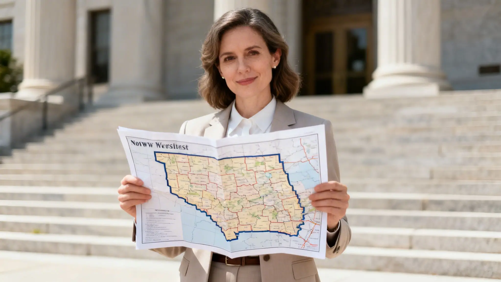 Finding a Divorce Lawyer Near Me in Northwest Arkansas 4 A professional woman in a suit holds a map in front of a grand courthouse building, smiling.