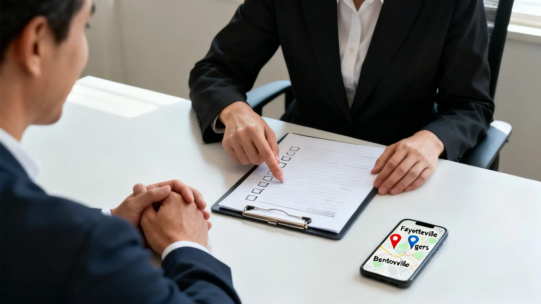 Finding a Divorce Lawyer Near Me in Northwest Arkansas 1 Two professionals at a table, one pointing at a checklist while a phone shows a map with cities.