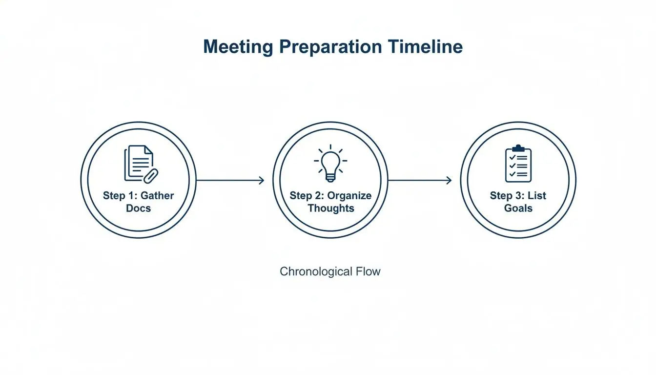 Finding a Divorce Lawyer Near Me in Northwest Arkansas 3 A meeting preparation timeline with three steps: gather documents, organize thoughts, and list goals.