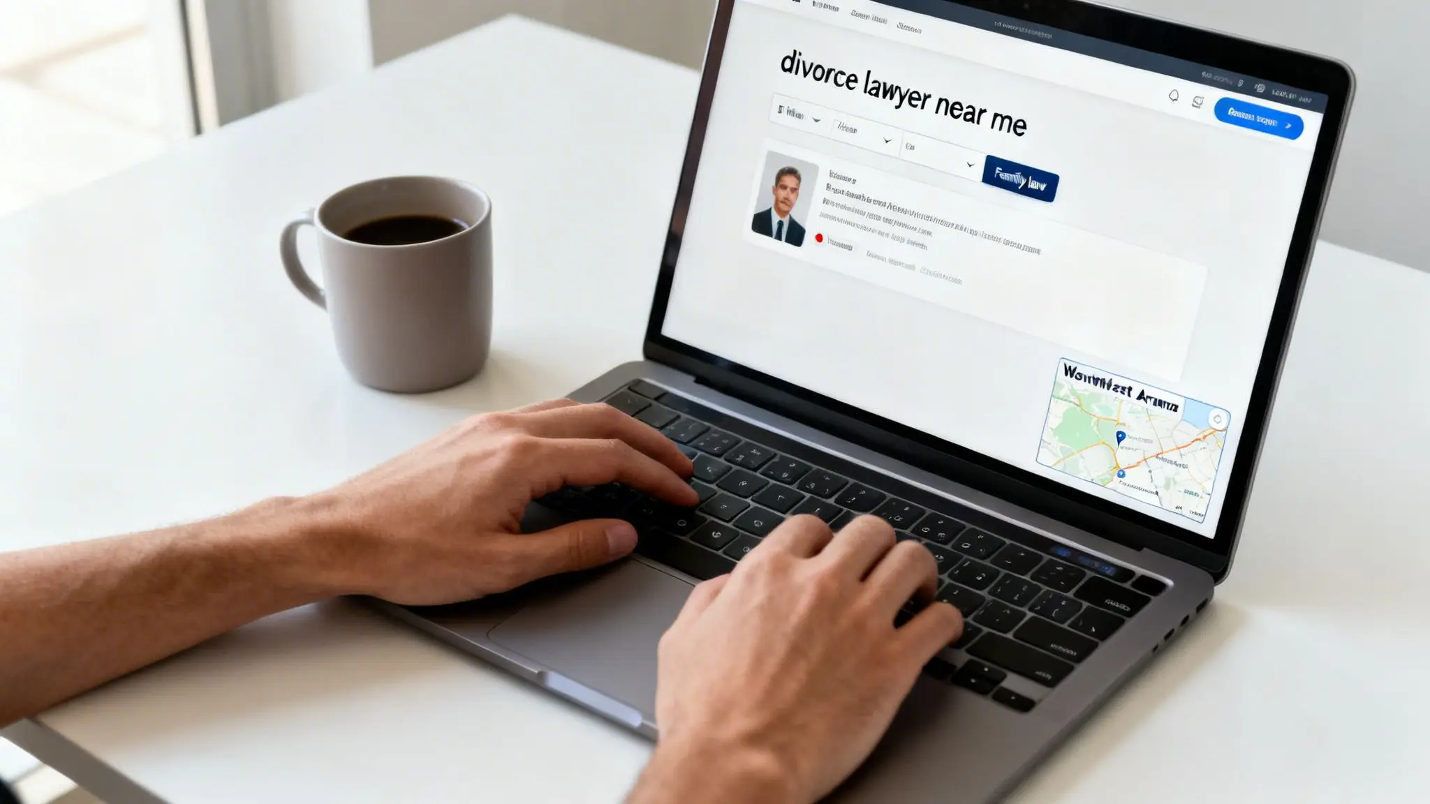 Finding a Divorce Lawyer Near Me in Northwest Arkansas 2 Person typing on a laptop, searching for 'divorce lawyer near me' with a coffee mug.