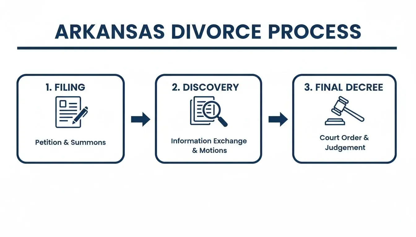 Finding Divorce Lawyers in My Area: An Arkansas Guide 3 An infographic detailing the three-step Arkansas divorce process: filing, discovery, and final decree.