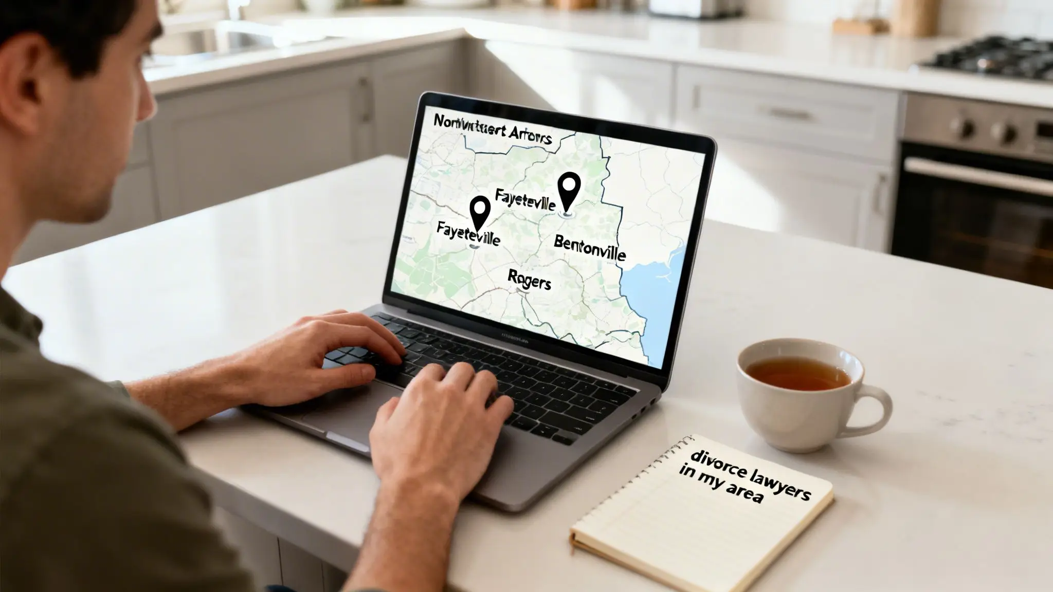 Finding Divorce Lawyers in My Area: An Arkansas Guide 1 Man searching for divorce lawyers in Northwest Arkansas on a laptop, with a map on screen.