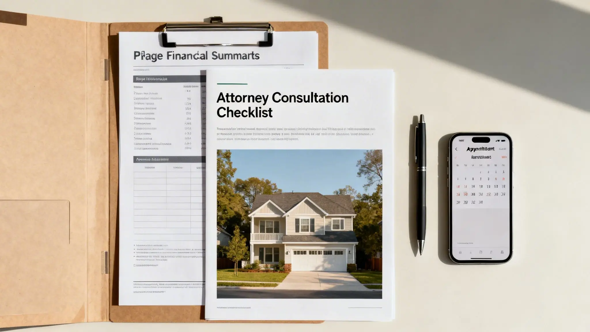 Finding Divorce Lawyers in My Area: An Arkansas Guide 2 Overhead view of an 'Attorney Consultation Checklist,' financial summaries, a pen, and a smartphone calendar.