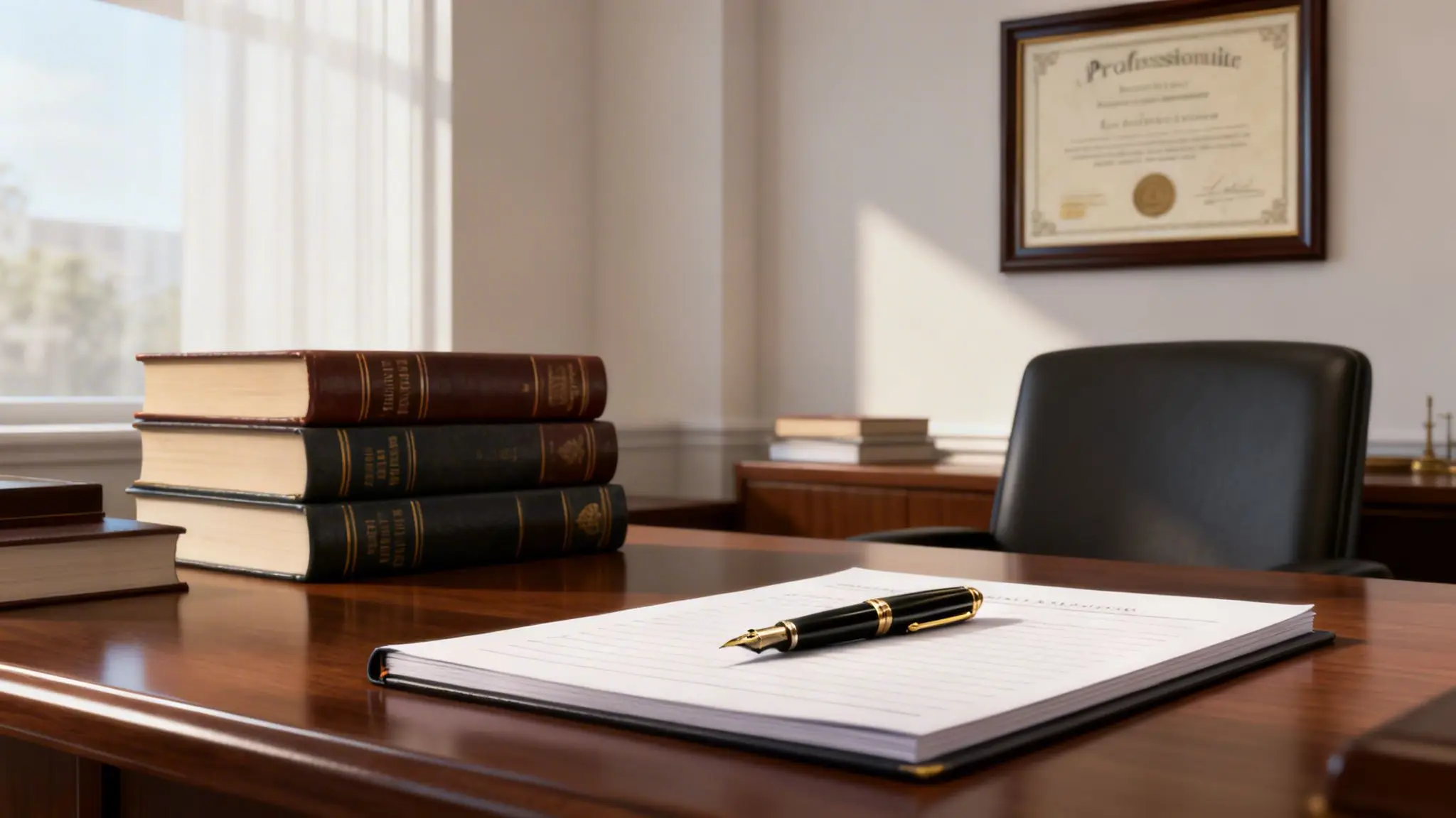 Top Divorce Attorney Near Me: A NW Arkansas Guide 2 A professional law office desk featuring a stack of legal books, a fountain pen, and paperwork.