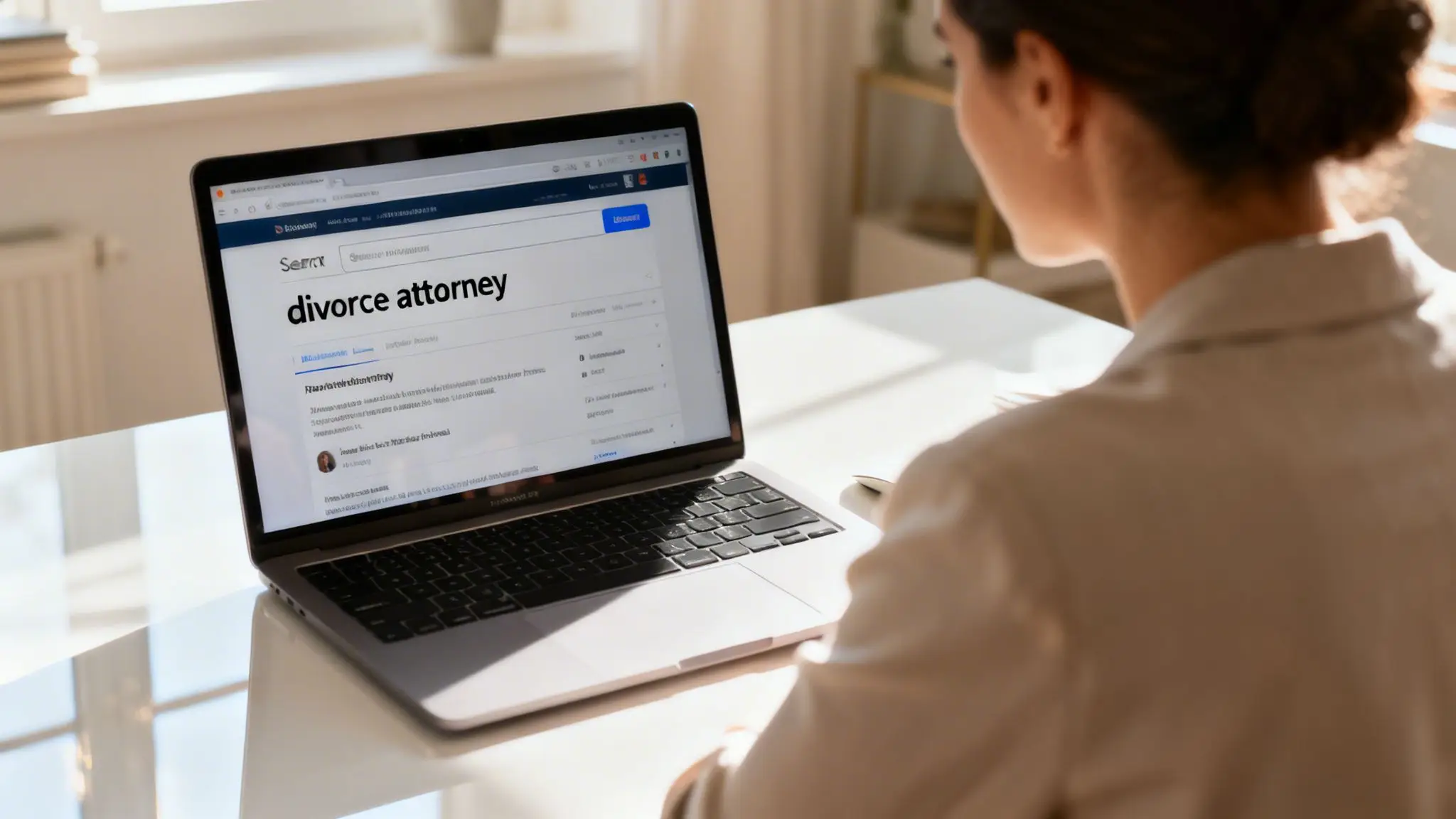 Top Divorce Attorney Near Me: A NW Arkansas Guide 1 A woman using a laptop to search for divorce attorney services online in a bright room.
