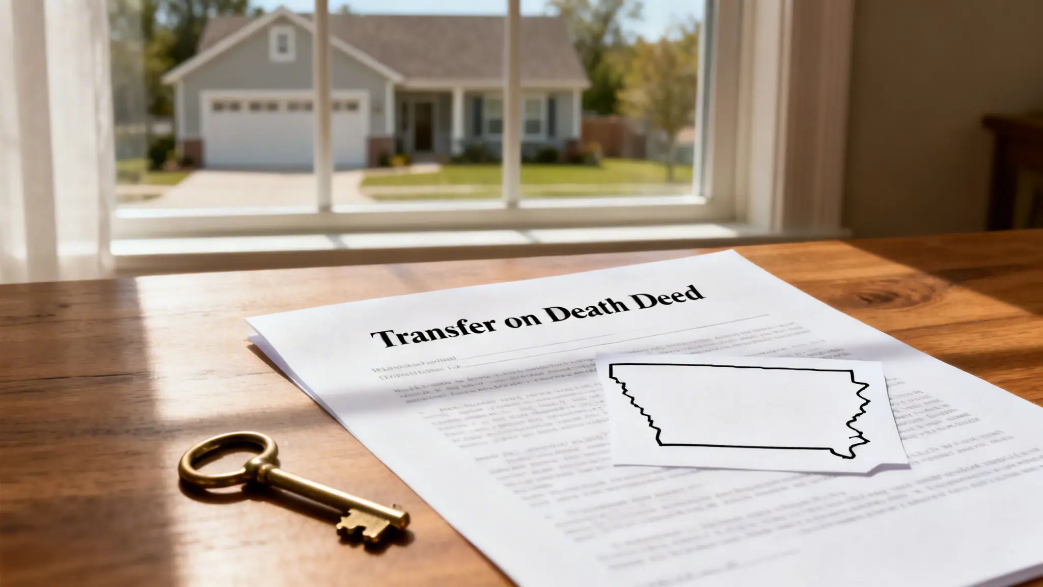 What is a Beneficiary Deed in Arkansas?: A Simple Guide 1 A Transfer on Death Deed document and a key on a wooden table, with a house outside the window.