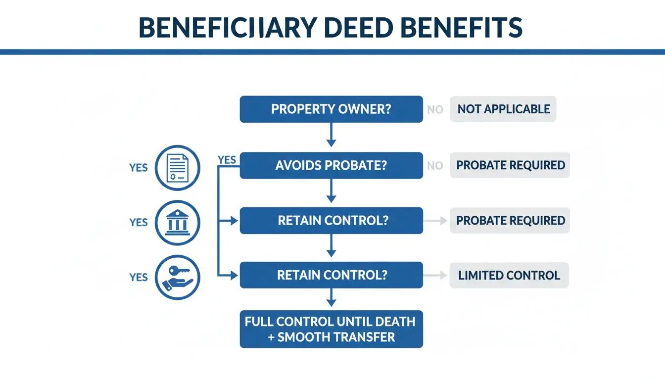 What is a Beneficiary Deed in Arkansas?: A Simple Guide 2 Flowchart detailing beneficiary deed benefits, including avoiding probate and retaining property control until death for smooth transfer.