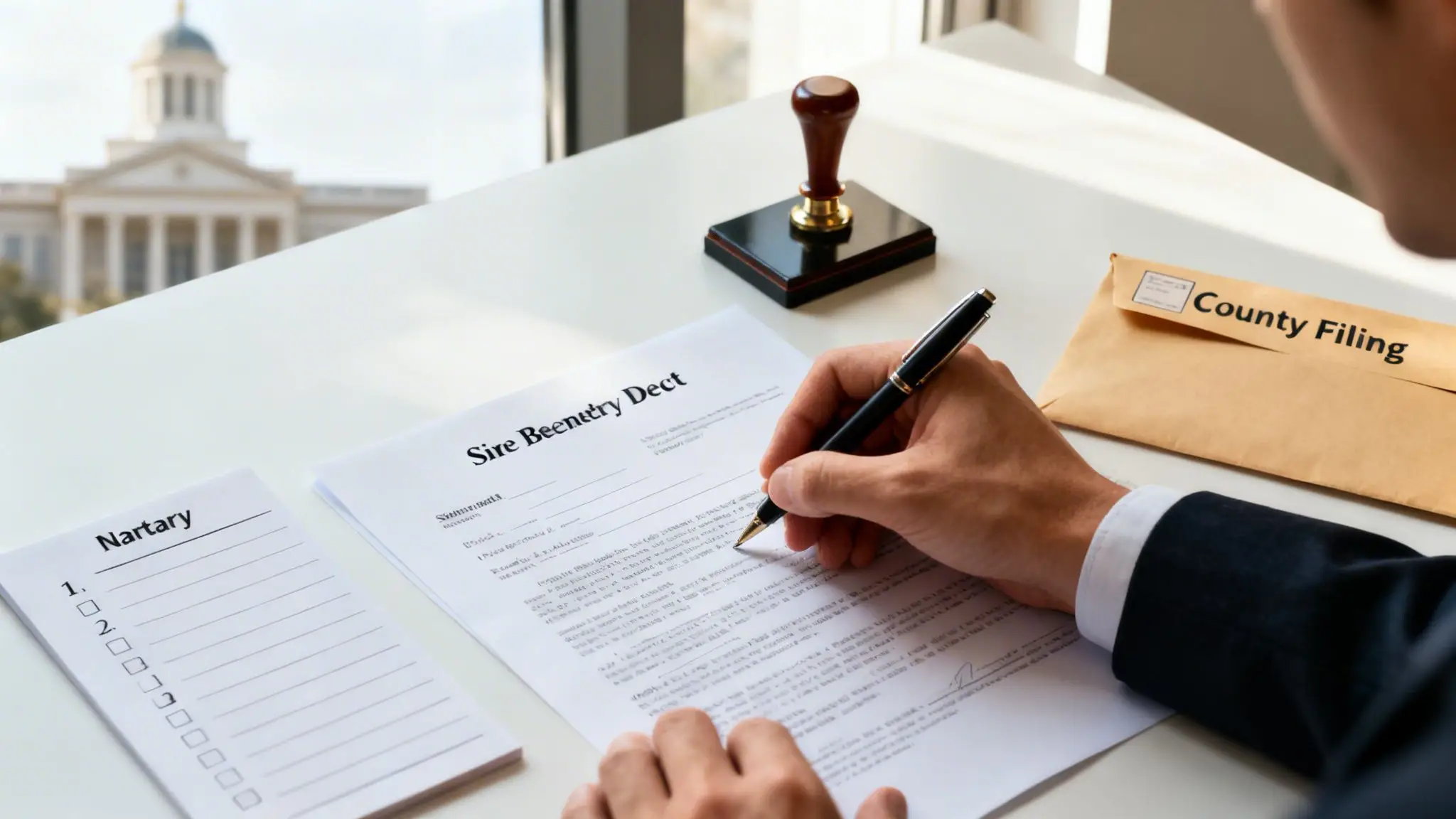 What is a Beneficiary Deed in Arkansas?: A Simple Guide 3 A person signs legal documents titled 'Sire Beenetry Dect' on a desk with a stamp and an envelope labeled 'County Filing,' in front of a government building.