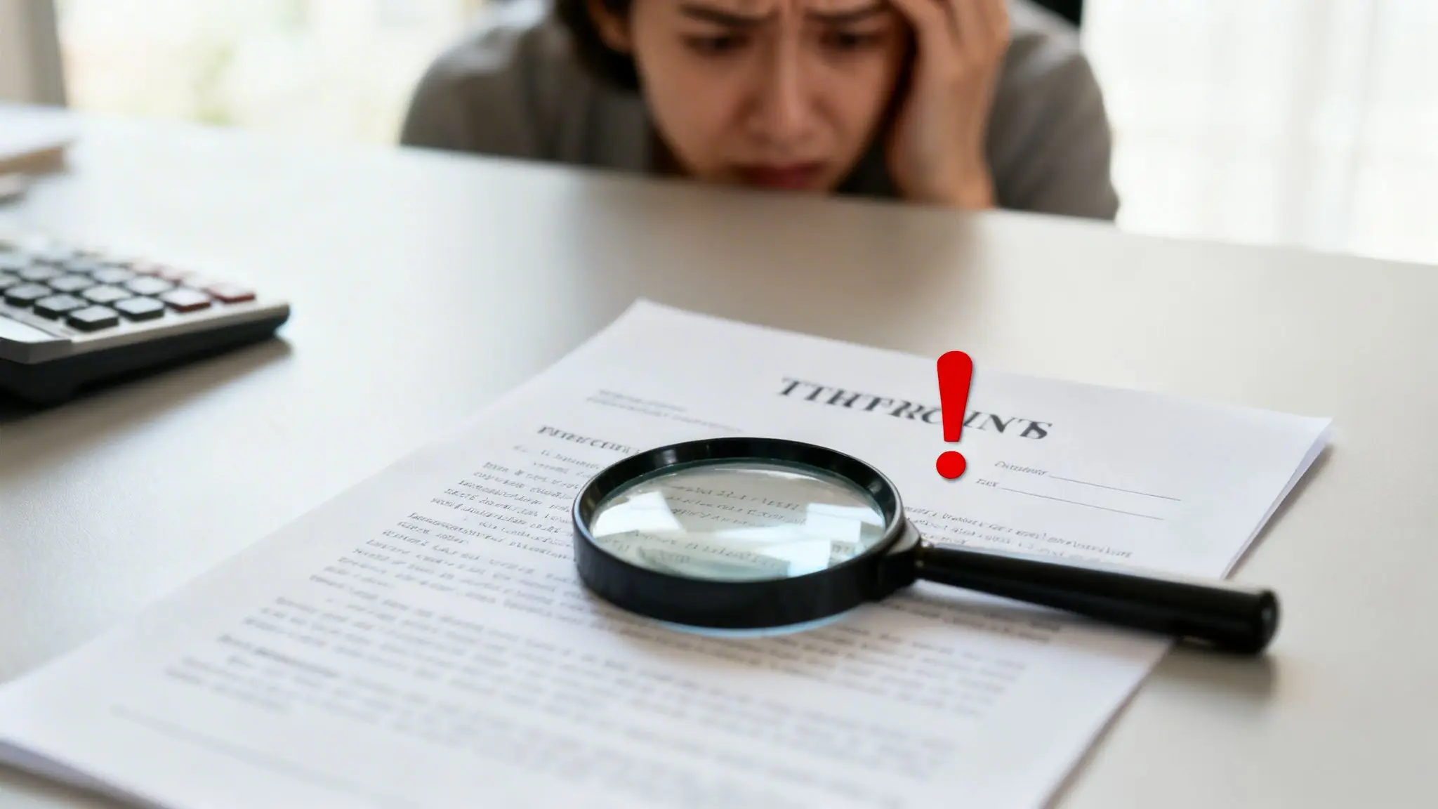 What Is a Quitclaim Deed in Arkansas? A Simple Guide for 2026 3 A distressed person reviews a document with a magnifying glass, highlighting a red exclamation mark and a calculator, suggesting legal or financial problems.