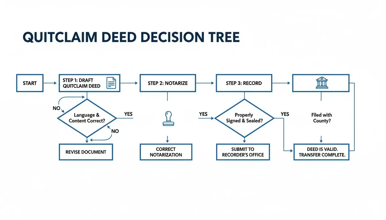 What Is a Quitclaim Deed in Arkansas? A Simple Guide for 2026 2 Flowchart illustrating the quitclaim deed process, from drafting to recording and final validation.