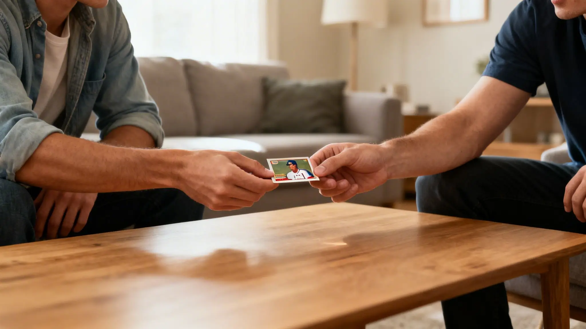 What Is a Quitclaim Deed in Arkansas? A Simple Guide for 2026 1 Two men exchanging a baseball trading card over a wooden coffee table in a living room.